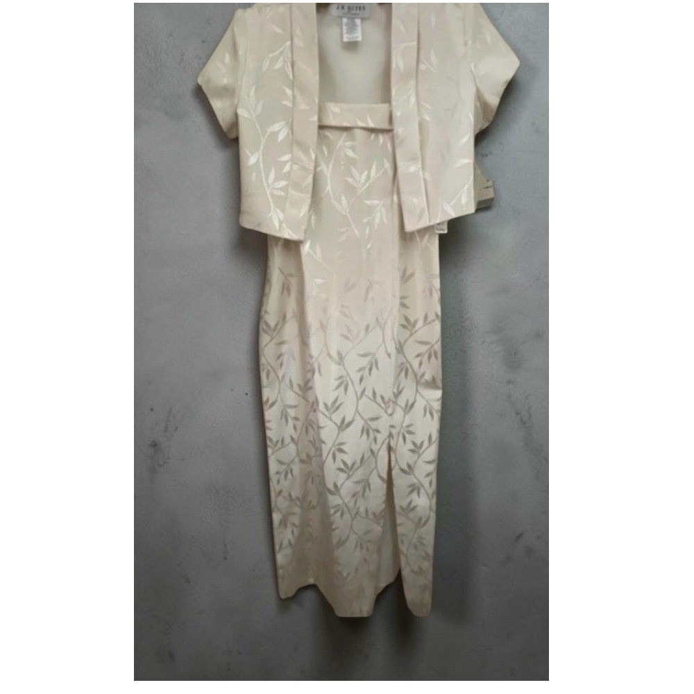 JR Nites by Caliendo Ivory Leaf Jacquard Dress & Bolero Jacket Set Womens 12 NEW